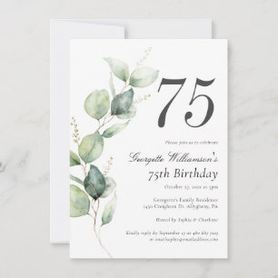 Watercolor Greenery 75th Birthday Script Invitation