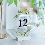 Watercolor Greenery Acrylic Wedding Table Number<br><div class="desc">Bring a touch of natural elegance to your wedding with our Botanical Watercolor Greenery Wedding Table Number Cards. Each card features your table number, names, and wedding date, beautifully framed by painted watercolor foliage in vibrant spring and moss green tones. Displayed on a frosted or transparent acrylic background, these table...</div>