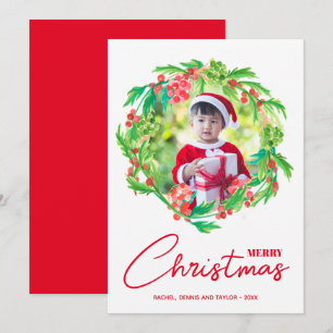 Watercolor Greenery and Berries Christmas Photo Holiday Card