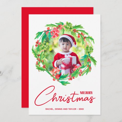 Watercolor Greenery and Berries Christmas Photo Holiday Card