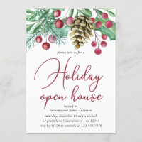 Watercolor Greenery And Berries Holiday Open House Invitation