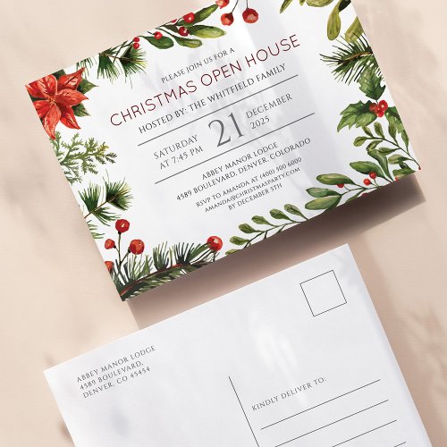 Watercolor Greenery and Berries Holiday Open House Invitation Postcard