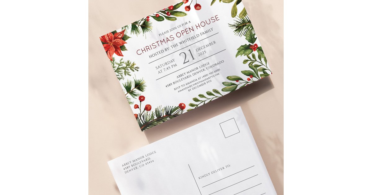 Watercolor Greenery and Berries Holiday Open House Invitation Postcard ...