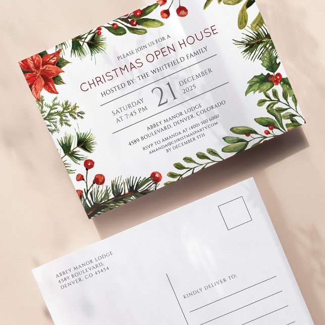 Watercolor Greenery and Berries Holiday Open House Invitation Postcard (Christmas Open House Berries Greenery Family Party Postcard Invitation)