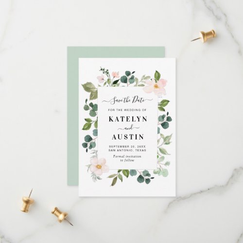 watercolor greenery and blush save the date card