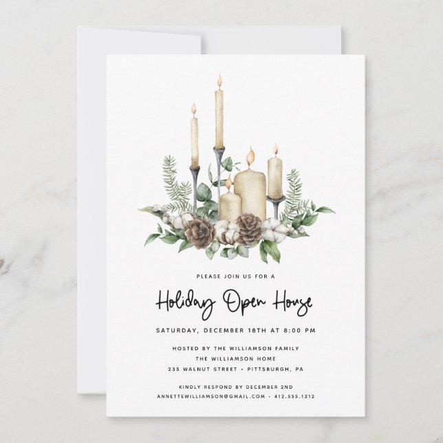 Watercolor Greenery and Candles Holiday Open House (Front)