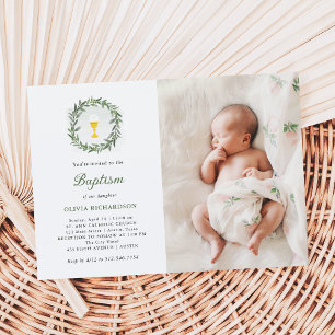 Watercolor Greenery and Chalice Photo Baptism Invitation