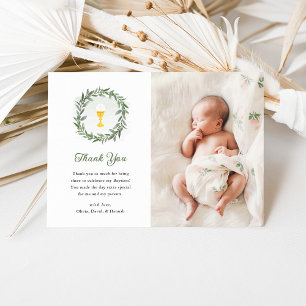Watercolor Greenery and Chalice Photo Baptism Thank You Card