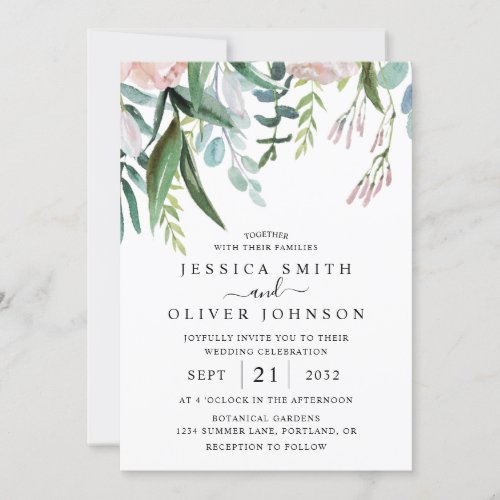 Watercolor Greenery and Flowers All In One Wedding Invitation