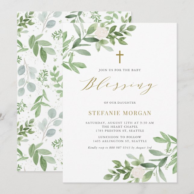 Watercolor Greenery and Flowers Baby Blessing Invitation (Front/Back)