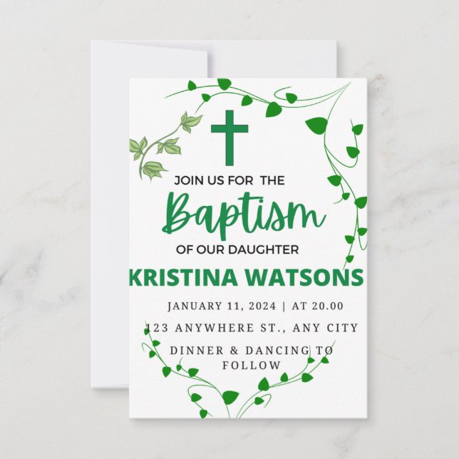  Watercolor Greenery and Flowers Baptism  Invitation (Front)