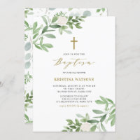 Watercolor Greenery and Flowers Baptism Invitation