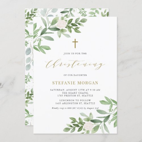 Watercolor Greenery and Flowers Christening Invitation
