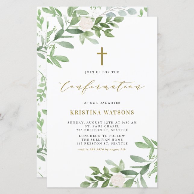 Watercolor Greenery and Flowers Confirmation (Front/Back)