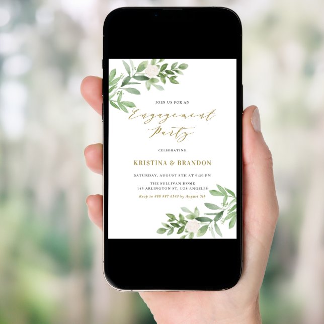 Watercolor Greenery and Flowers Engagement Party Invitation (Front Digital)