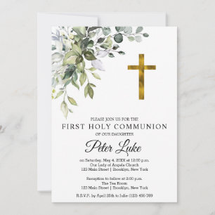 Watercolor Greenery and Flowers First Communion In Invitation