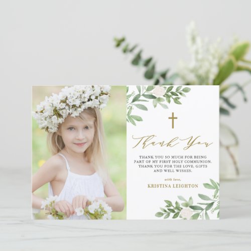 Watercolor Greenery and Flowers First Communion Thank You Card
