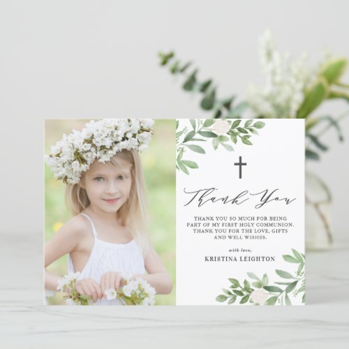 Watercolor Greenery and Flowers First Communion Thank You Card