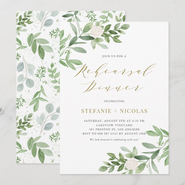 Watercolor Greenery and Flowers Rehearsal Dinner Invitation (Front/Back)