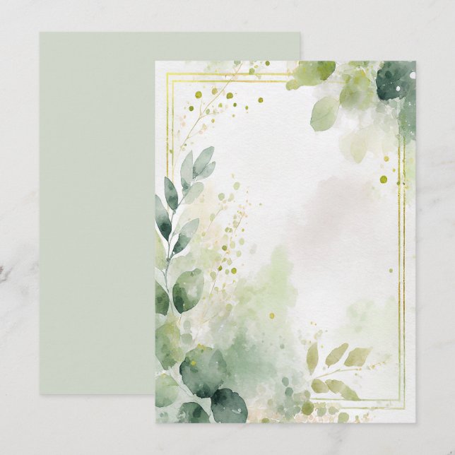 Watercolor greenery and gold blank Wedding Invitation (Front/Back)