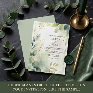 Watercolor greenery and gold blank Wedding Invitation