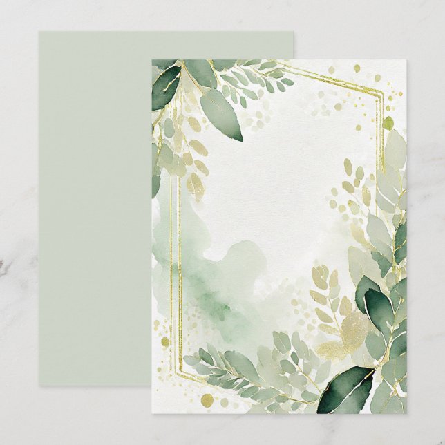 Watercolor greenery and gold blank Wedding Invitation (Front/Back)