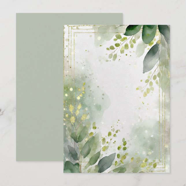 Watercolor greenery and gold blank Wedding Invitation (Front/Back)