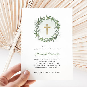 Watercolor Greenery and Gold Cross   Confirmation Invitation