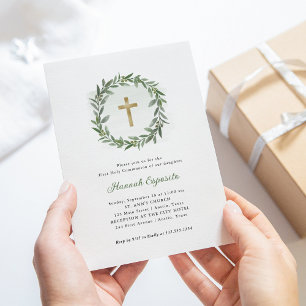 Watercolor Greenery and Gold Cross First Communion Invitation