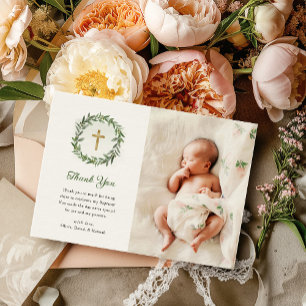 Watercolor Greenery and Gold Cross   Photo Baptism Thank You Card