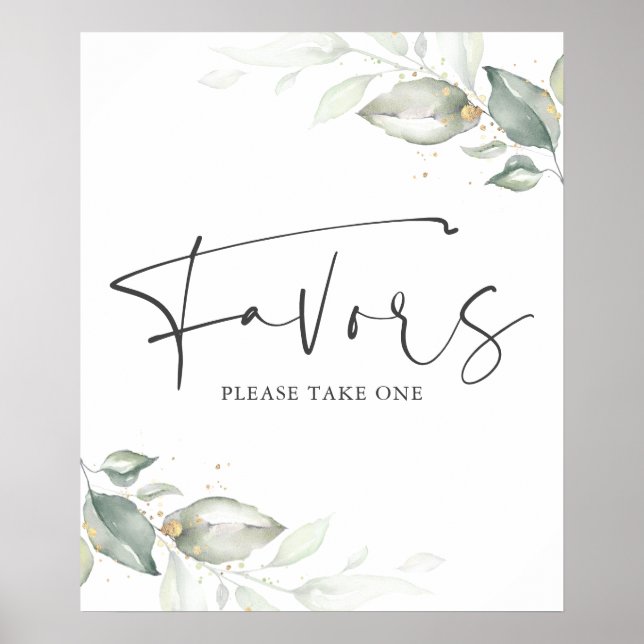 Watercolor Greenery and Gold Leaves Favors Sign (Front)