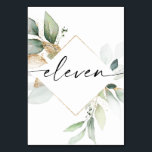 Watercolor Greenery and Gold Table Numbers Eleven<br><div class="desc">This table number design features an elegant arrangement of eucalyptus greenery and a minimal script font. Click the "Click to customize further" button to edit the script wording's color and the background color. See the entire collection for more matching items!</div>