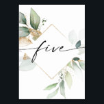 Watercolor Greenery and Gold Table Numbers Five<br><div class="desc">This table number design features an elegant arrangement of eucalyptus greenery and a minimal script font. Click the "Click to customize further" button to edit the script wording's color and the background color. See the entire collection for more matching items!</div>