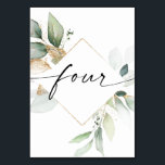 Watercolor Greenery and Gold Table Numbers Four<br><div class="desc">This table number design features an elegant arrangement of eucalyptus greenery and a minimal script font. Click the "Click to customize further" button to edit the script wording's color and the background color. See the entire collection for more matching items!</div>