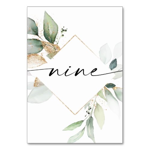 Watercolor Greenery and Gold Table Numbers Nine