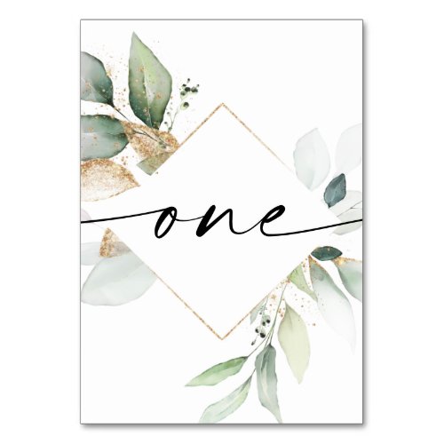 Watercolor Greenery and Gold Table Numbers One