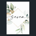 Watercolor Greenery and Gold Table Numbers Seven<br><div class="desc">This table number design features an elegant arrangement of eucalyptus greenery and a minimal script font. Click the "Click to customize further" button to edit the script wording's color and the background color. See the entire collection for more matching items!</div>