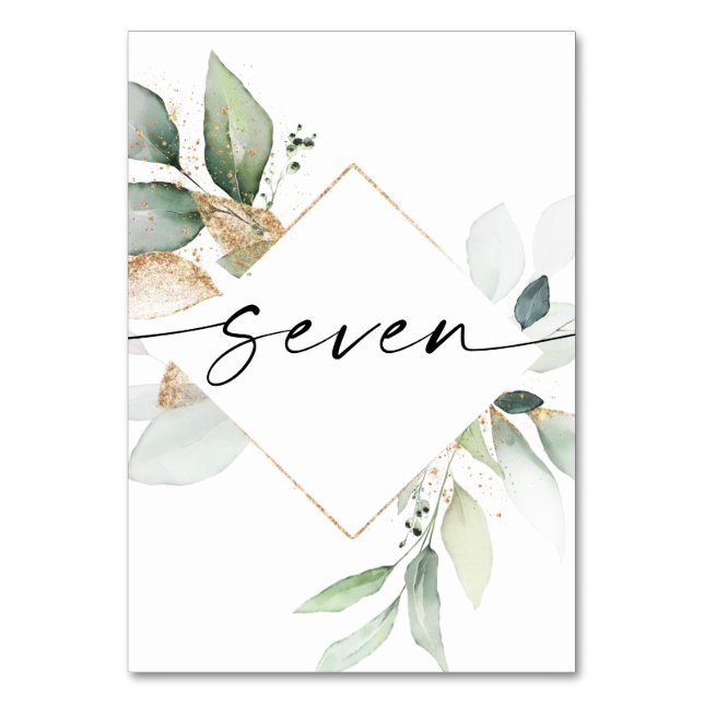 Watercolor Greenery and Gold Table Numbers Seven (Front)