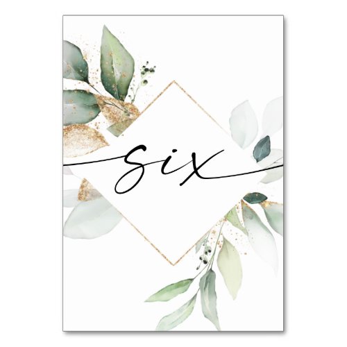 Watercolor Greenery and Gold Table Numbers Six