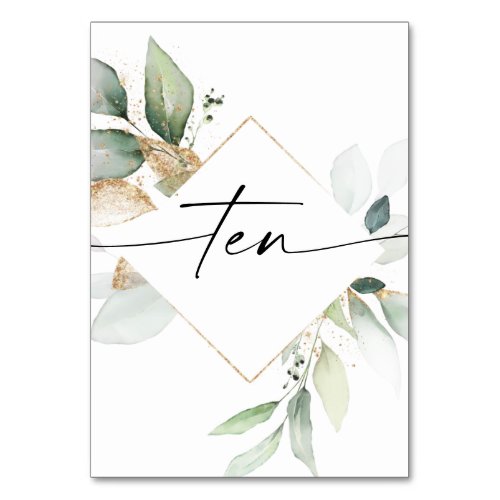 Watercolor Greenery and Gold Table Numbers Ten