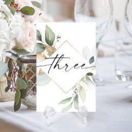 Watercolor Greenery and Gold Table Numbers Three