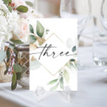 Watercolor Greenery and Gold Table Numbers Three<br><div class="desc">This table number design features an elegant arrangement of eucalyptus greenery and a minimal script font. Click the "Click to customize further" button to edit the script wording's color and the background color. See the entire collection for more matching items!</div>