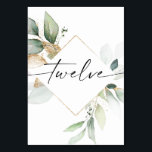 Watercolor Greenery and Gold Table Numbers Twelve<br><div class="desc">This table number design features an elegant arrangement of eucalyptus greenery and a minimal script font. Click the "Click to customize further" button to edit the script wording's color and the background color. See the entire collection for more matching items!</div>