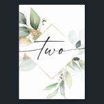 Watercolor Greenery and Gold Table Numbers Two<br><div class="desc">This table number design features an elegant arrangement of eucalyptus greenery and a minimal script font. Click the "Click to customize further" button to edit the script wording's color and the background color. See the entire collection for more matching items!</div>