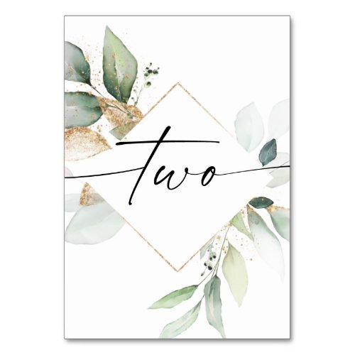 Watercolor Greenery and Gold Table Numbers Two
