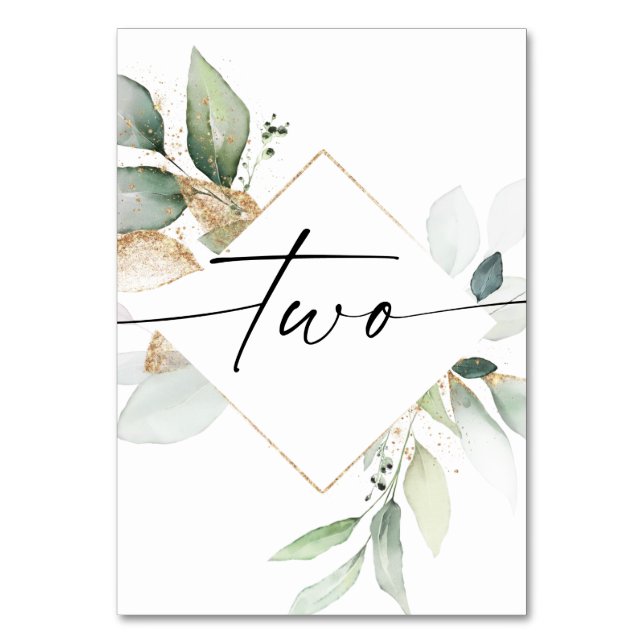 Watercolor Greenery and Gold Table Numbers Two (Front)