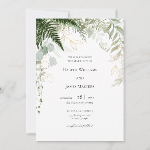 Watercolor Greenery and Gold Wedding Invitation