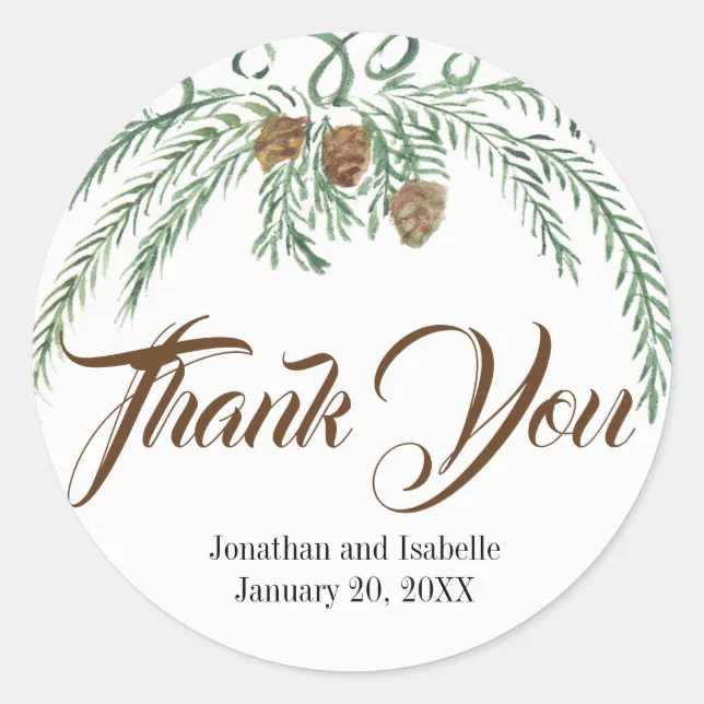 Watercolor Greenery and Pine Cones Thank You Classic Round Sticker | Zazzle