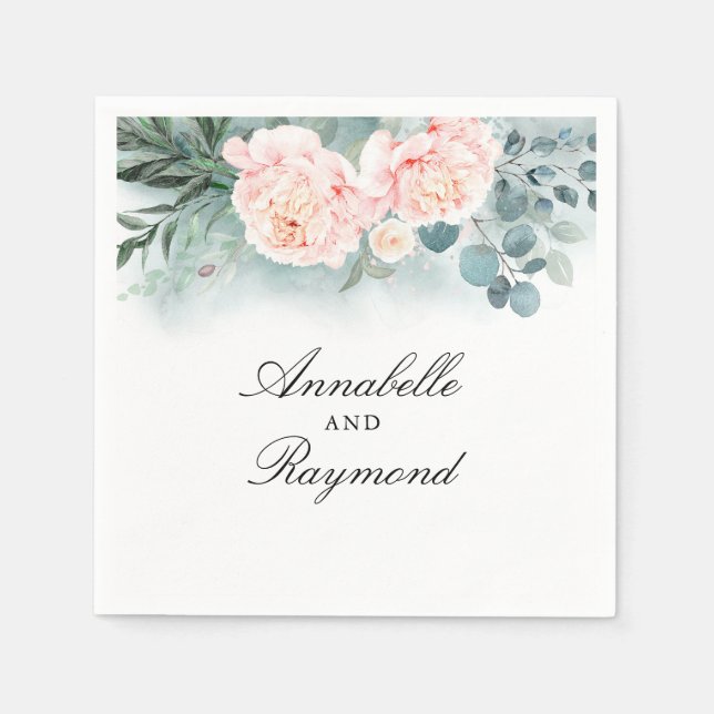 Watercolor Greenery and Pink Flowers Bouquet Chic Napkins (Front)