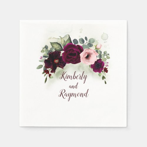 Watercolor Greenery and Red Flowers Bouquet Chic Napkins